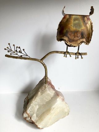 Jere Owl on Branch Brass Onyx Base Sculpture 16” Signed Vtg Mid Century 6