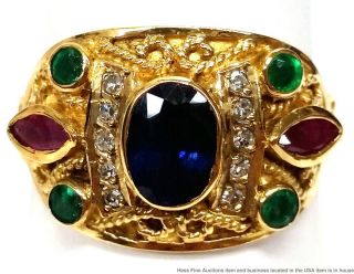 18k Gold Natural Sapphire Emerald Ruby Diamond Vintage 1950s Greek Revival Ring