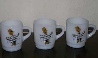 3 Vtg Anchor Hocking Stacking Fire King Mugs - Willie Wire Hand - Menard Elec.  Il
