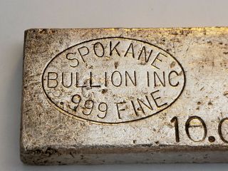 Vintage Spokane Bullion Inc 10oz.  999 Fine Poured Silver Bar Rare 50 Est.