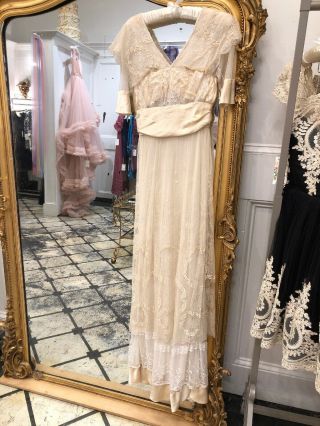 Antique Victorian 1900s handmade lace silk satin wedding dress 3
