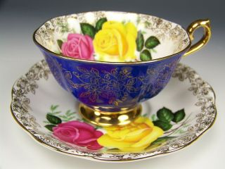 Vintage Royal Albert Cobalt Blue Yellow Pink Roses Wide Mouth Tea Cup And Saucer
