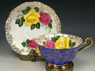 VINTAGE ROYAL ALBERT COBALT BLUE YELLOW PINK ROSES WIDE MOUTH TEA CUP AND SAUCER 2