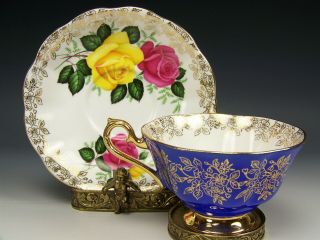 VINTAGE ROYAL ALBERT COBALT BLUE YELLOW PINK ROSES WIDE MOUTH TEA CUP AND SAUCER 3