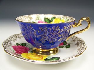 VINTAGE ROYAL ALBERT COBALT BLUE YELLOW PINK ROSES WIDE MOUTH TEA CUP AND SAUCER 4
