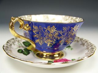 VINTAGE ROYAL ALBERT COBALT BLUE YELLOW PINK ROSES WIDE MOUTH TEA CUP AND SAUCER 5