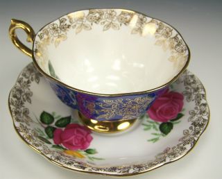VINTAGE ROYAL ALBERT COBALT BLUE YELLOW PINK ROSES WIDE MOUTH TEA CUP AND SAUCER 6