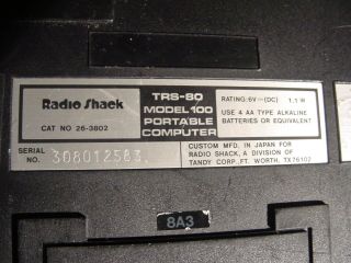 VINTAGE RADIO SHACK TRS - 80 MODEL 100 PORTABLE COMPUTER cat.  26 3802 8