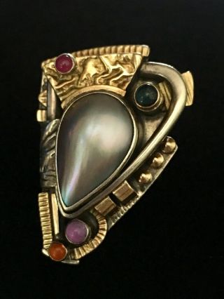 Rare Fine Signed Modernist Artisan Rishar Sterling 14k Gemstone Pearl Ring