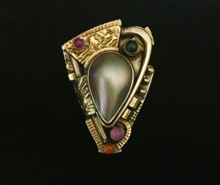 Rare Fine SIGNED ModernIst ARTISAN RISHAR Sterling 14k Gemstone Pearl Ring 2