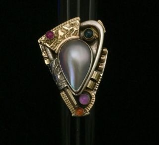 Rare Fine SIGNED ModernIst ARTISAN RISHAR Sterling 14k Gemstone Pearl Ring 7