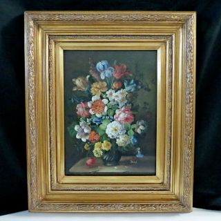 Vintage Flower Floral Still Life Oil On Board Painting By Brad 20x24 50 - 70s Gold