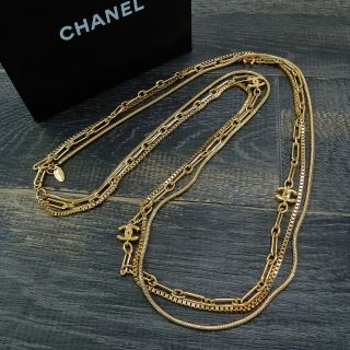 Chanel Gold Plated Cc Logos Charm Vintage Triple Chain Necklace 4745a Rise - On