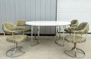 Vtg Mid Century Chrome Dinette Dining Chairs & Table Set Space Age Tulip Swivel