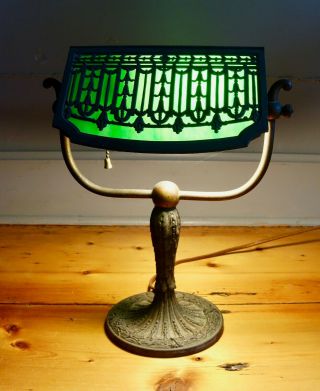 Vintage Mission Arts and Crafts - Slag Glass and Bronze Student Lamp 4
