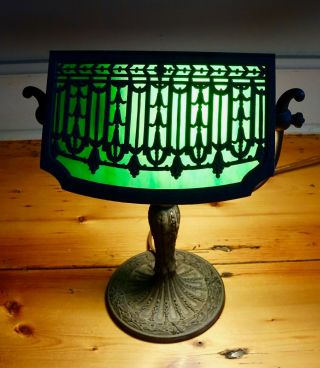 Vintage Mission Arts and Crafts - Slag Glass and Bronze Student Lamp 5