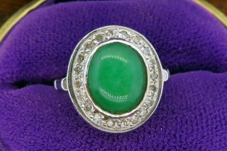 Vintage Palladium Art Deco Antique Jade Diamond Filigree Halo Ring