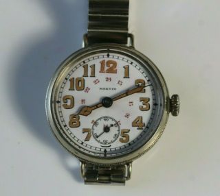 Antique Wwi Era Marvin Silver Case Military Trench Wristwatch