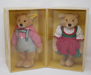 Steiff Boy Lederhosen Girl Dirndl 11” Mohair Beige Teddy Bears W/stands Boxes