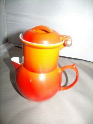 Vtg Orange Descoware Cast Iron Enamelware Tea Pot With Strainer