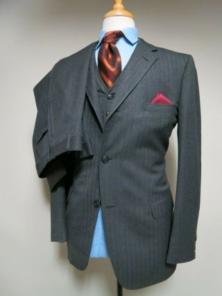 Classic Vtg Union Made J Press Three Piece English Tweed Herringbone Suit 40 R