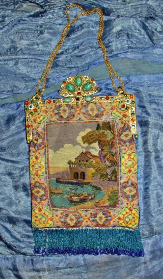 Antique Micro Beaded & Petit Point Purse Jeweled Frame Period Design Boats House