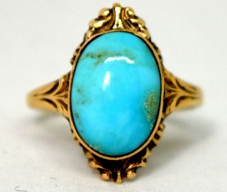 Antique Victorian 10k Solid Gold And Natural Turquoise Ring Size 5 3/4