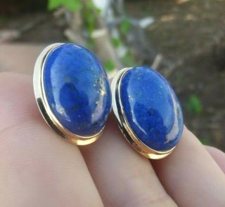 Vintage Estate Lapis Lazuli 14k Gold Omega Clip Earrings 9.  5gr 24 Mm