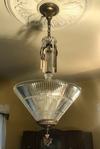 Antique Vintage Large Art Deco 5 Light Chandelier,  Big Holophane Shade,  Unique