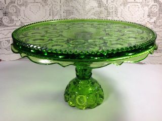 Vintage Le Smith Moon And Stars Green Pedestal Cake Stand Sawtooth Rim Pristine