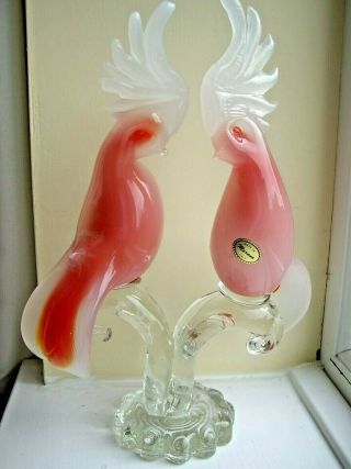 Vintage 1950/60 Murano Label Seguso Alabastro Glass Sculpture 2 Birds On Branch