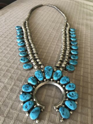 Vintage Sterling Silver Turquoise Squash Blossom Necklace Navajo Roanhorse