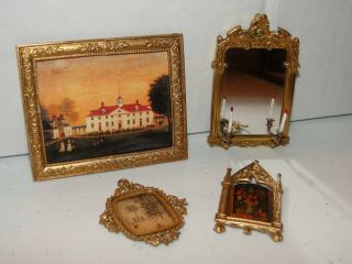 Vintage Dollhouse Miniature Ormolu Pictures & Soft Metal Mirror With Candles