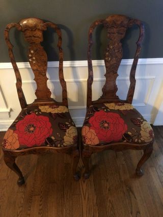 Pair Two 2 Antique Italian Inlaid Dining Chairs Carved Vintage Dining Wood