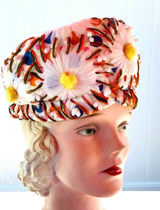 50s Vintage Christian Dior Turban Hat Straw Daisy Floral Polka Dots Beads Church