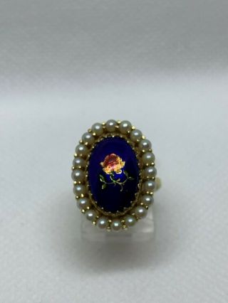 Vintage Ladies 14k Italian Blue Red Enamel Flower Pearl Ring No Scrap