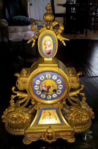 19th C Philippe Palais Royal Clock With Sevres Porcelain Inserts Hand Pained