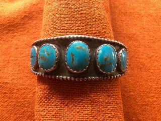 Vintage Bobby Johnson Navajo Turquoise Sterling Silver Signed Bracelet 5 Stones