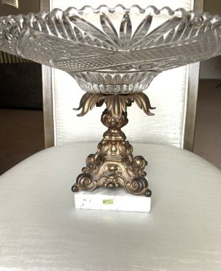Crystal Compote Fruit Bowl Pedestal Marble Base Brass Vintage Approx 8.  75” Tall