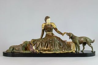 1930 Chryselephantine Art Deco Sculpture Lady With Dogs By Menneville.  Signed