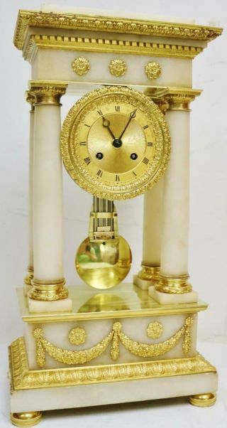 Rare Antique French Empire 8 Day Striking Marble & Bronze Portico Mantel Clock