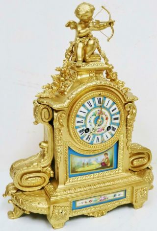 Antique French 8 Day Gilt Metal Blue Sevres Porcelain Bell Striking Mantel Clock 12