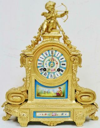 Antique French 8 Day Gilt Metal Blue Sevres Porcelain Bell Striking Mantel Clock