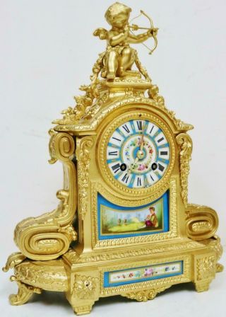 Antique French 8 Day Gilt Metal Blue Sevres Porcelain Bell Striking Mantel Clock 2