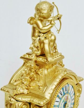 Antique French 8 Day Gilt Metal Blue Sevres Porcelain Bell Striking Mantel Clock 3