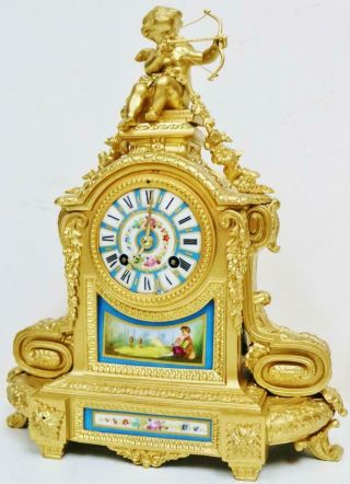 Antique French 8 Day Gilt Metal Blue Sevres Porcelain Bell Striking Mantel Clock 4