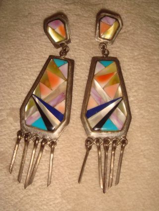 Vtg.  Old Pawn Zuni 3 5/8 " Sterling Silver Multi - Stone Inlay Dangle Earrings Im
