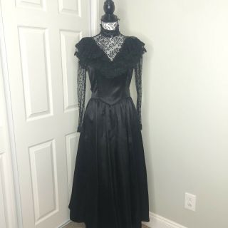 Vtg Gunne Sax Black Goth Victorian Steampunk Lace Dress Long Sleeve Sz 9 Sequin
