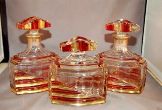 3 Art Deco Vintage Cranberry & Gilt Large Crystal Perfume Bottle Set Gorgeous