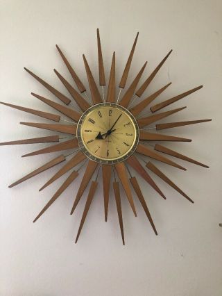 Vtg Teak Seth Thomas Wall Clock Mid Century Modern Starburst 27” Diameter